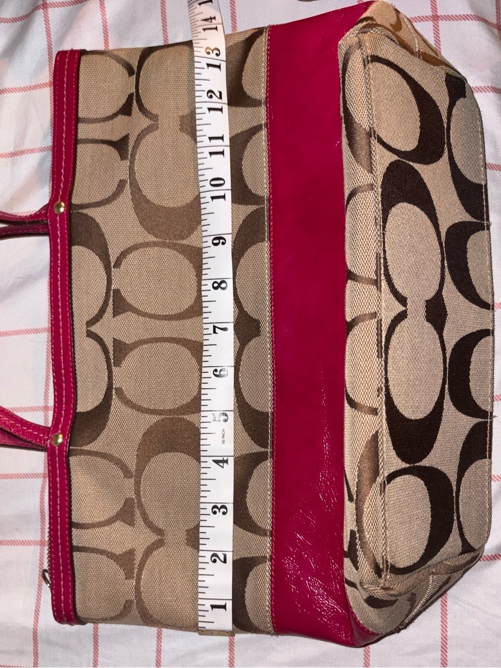 COACH KHAKI SIGNATURE STRIPE PATENT SHOULDER TOTE PINK - Picture 9 of 11
